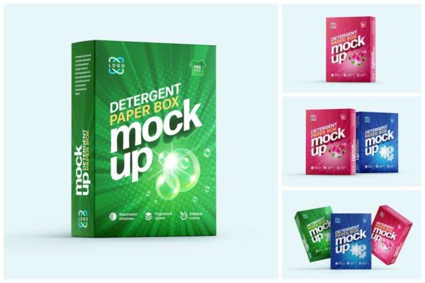 5款时尚方形洗涤剂食品零食包装纸盒外观设计展示效果图PSD样机模板 Detergent Box Packaging Mockup Set