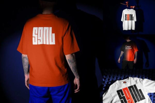 4款暗黑风男士超大半袖T恤印花图案设计PS智能贴图展示效果图样机模板 T-Shirt Mockups / SGNL Series