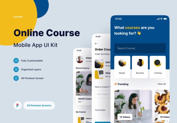 40屏高级在线课程教育学习培训软件APP用户界面设计Figma模板套件 Courses – Online Course