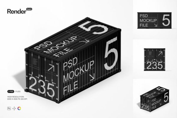 3款逼真货车货物码头集装箱外观贴图图案设计展示效果图PSD样机模板 Cargo Container Mockup Set
