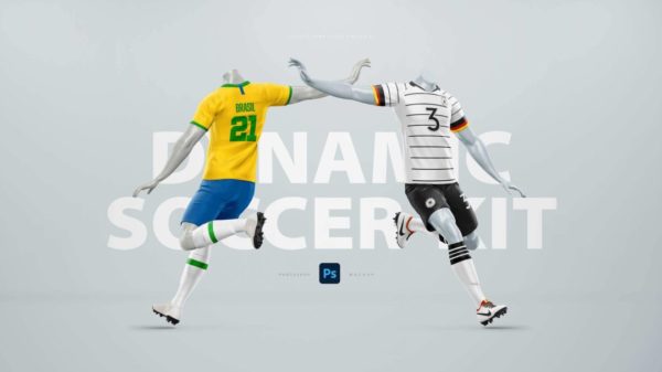 时尚运动足球队服球服徽标LOGO印花图案设计展示效果图PSD样机模板 Dynamic Soccer Kit Mockup