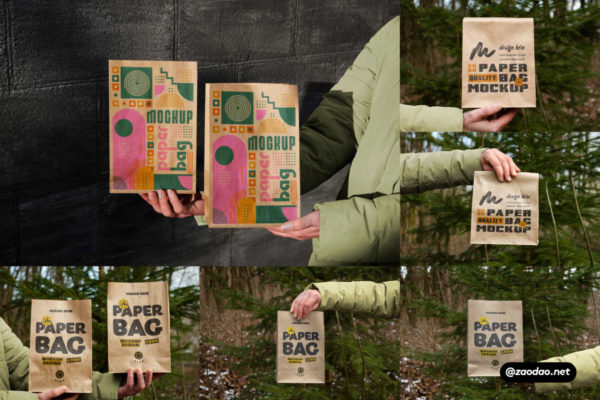 12款时尚手持汉堡面包包装袋外卖纸袋设计展示效果图PSD样机模板 Paper Bag Mockups
