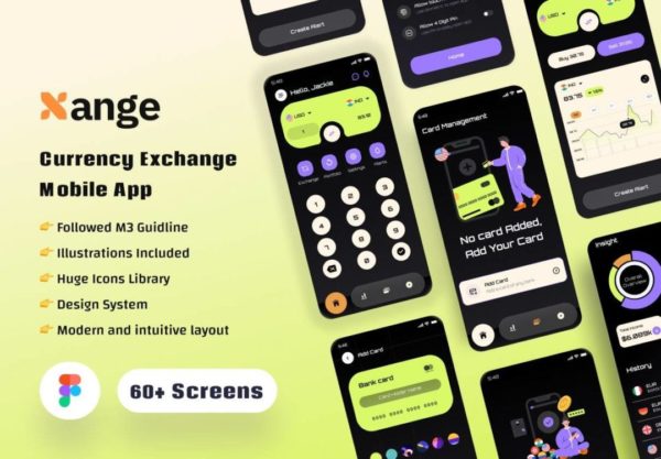 60+屏财务管理货币兑换汇率换算金融电子钱包APP用户界面设计Figma模板套件 Xange currency exchange app Ui kit