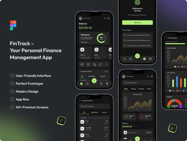 40+屏暗黑风AI人工智能财务管理金融理财银行电子钱包APP用户界面设计Figma模板 FinTrack: AI-Powered Financial Management App