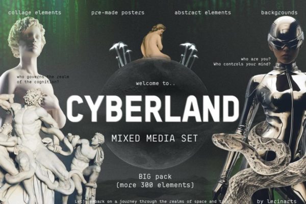 未来主义复古赛博朋克机器人雕像拼贴艺术剪贴画手绘线条PNG免抠图设计素材 MIXED MEDIA SET Welcome to Cyberland