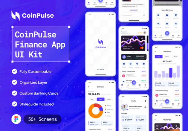 56+屏金融科技银行理财货币兑换APP用户界面设计Figma模板套件 CoinPulse – Finance App UI Kit