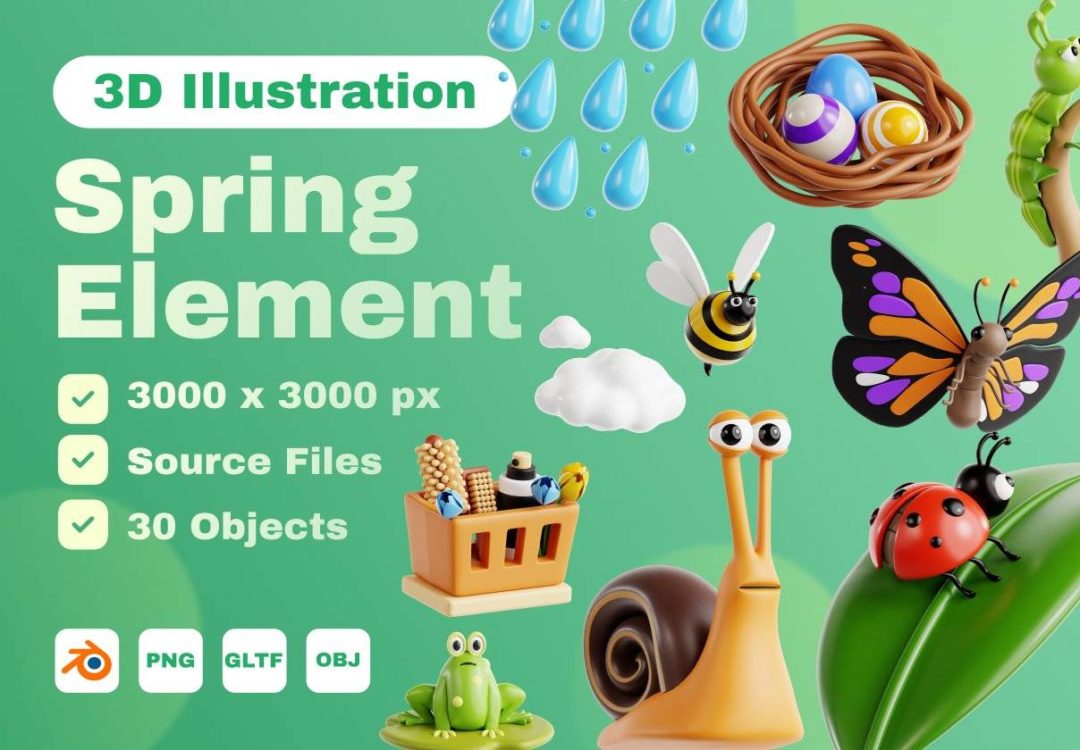 30款有趣卡通创意3D立体春季元素插画插图图标Icons设计素材合集 Spring Icon 3D Icon Pack