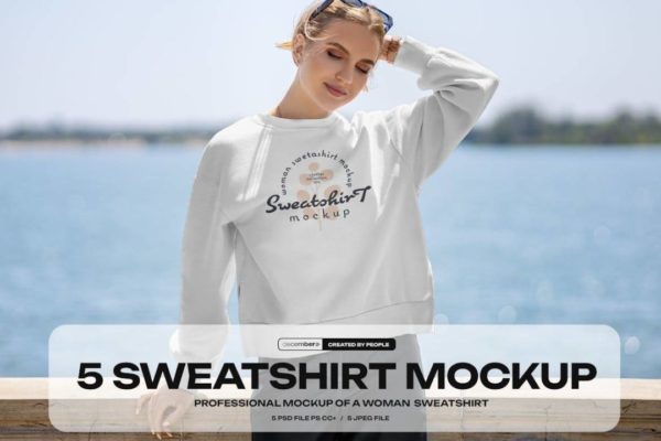 5款时尚女士长袖卫衣印花图案设计展示贴图PSD样机效果图模板 5 Mockups of Sweatshirts on the Girl on the Lake