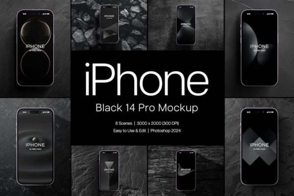 8款暗黑风苹果iPhone 14 Pro Max屏幕演示效果图PS贴图样机模板素材 Black iPhone 14 Pro Max Mockup
