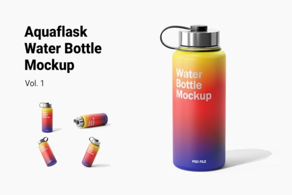 时尚不锈钢保温杯水杯外观设计展示效果图PSD样机模板素材 Aquaflask Water Bottle Mockup Vol.1