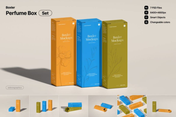7款时尚香水产品包装纸盒外观设计展示PS贴图样机效果图模板素材 Boxler Perfume Box Set