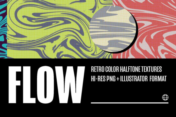 20款多彩复古半调风格流体液体油漆扭曲纹理PNG格式背景图片设计素材 Flow Retro Color Halftones