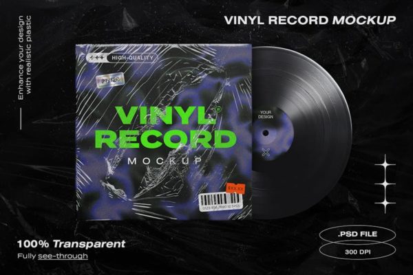 潮流酸性黑胶唱片包装袋设计展示效果图PS贴图样机模板素材 Vinyl Record Mockup Template