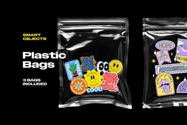 潮流贴纸设计透明塑料包装袋展示效果图PSD样机模板 Plastic Bags Mockup
