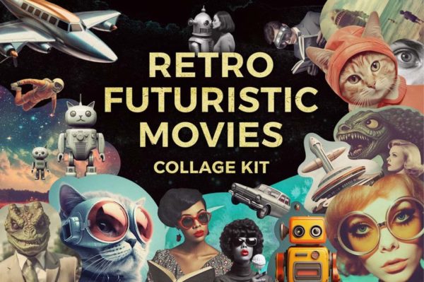 350+款未来科幻复古半调怀旧电影人物建筑风景PNG免抠拼贴图片素材 Retro futuristic movies collage kit