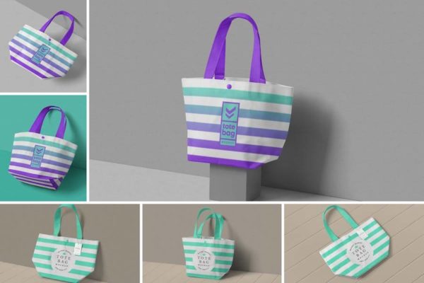 6款时尚逼真手提帆布袋购物袋设计PS智能贴图样机模板效果图素材 Tote Bag Mockup