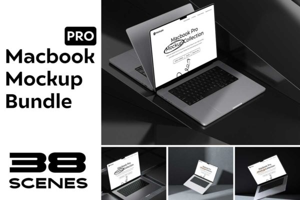 38款工业风苹果MacBook笔记本电脑作品展示效果图PS样机模板素材 MacBook Pro Mockup Bundle
