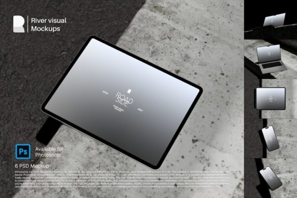6款工业风混凝土背景苹果MacBook笔记本iPad平板iPhone手机演示效果图PS贴图样机模板 Road Side