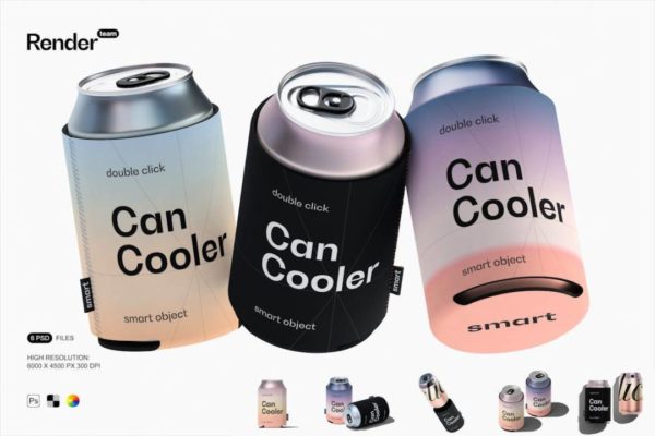 6款时尚听装苏打水果汁饮料啤酒易拉罐设计展示效果图PS贴图样机模板 Can Cooler Mockup