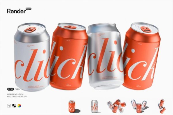 6款时尚逼真听装啤酒汽水苏打水金属易拉罐锡罐设计效果图PS贴图样机模板 Metal Soda Can Mockup