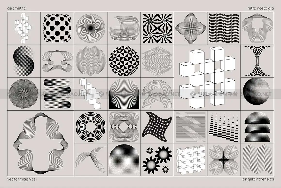 100款复古抽象艺术元宇宙未来科幻半调创意扭曲几何图形AI矢量素材 GECORPORATE Retro Vector Elements插图1