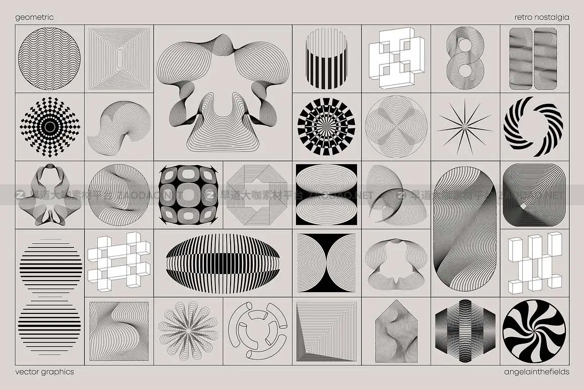 100款复古抽象艺术元宇宙未来科幻半调创意扭曲几何图形AI矢量素材 GECORPORATE Retro Vector Elements插图3