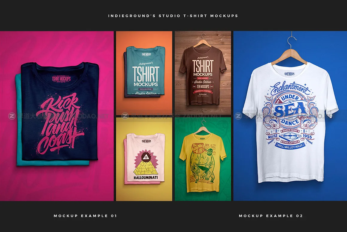 10款逼真半袖T恤上衣印花图案设计PS展示效果图贴图样机模板 Indieground – Studio T-Shirt Mockups插图1