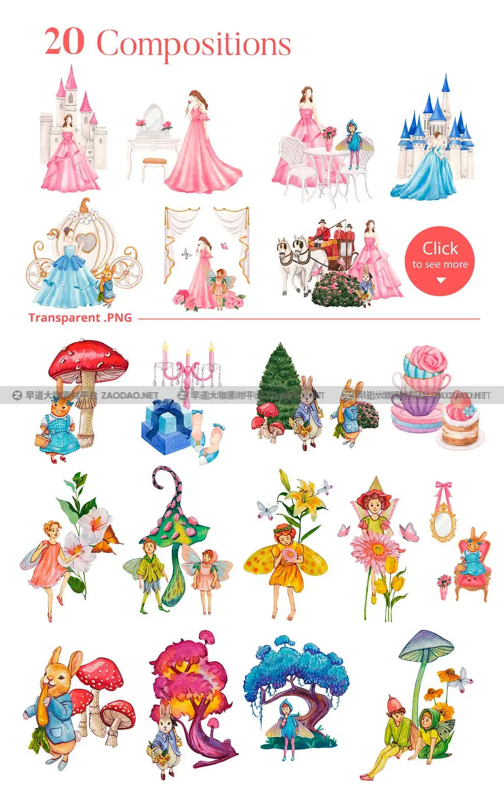 102款童话公主花卉兔子蘑菇手绘插画水彩画PNG免抠图设计素材 Princess and Fairy Tale Watercolor插图2