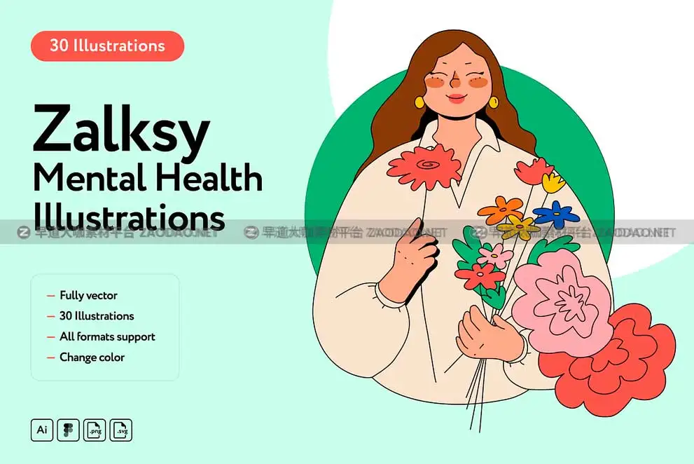 30款卡通创意心里健康家庭生活人物矢量插图插画AI/Figma格式设计素材包 Zalksy Mental Health Illustrations插图