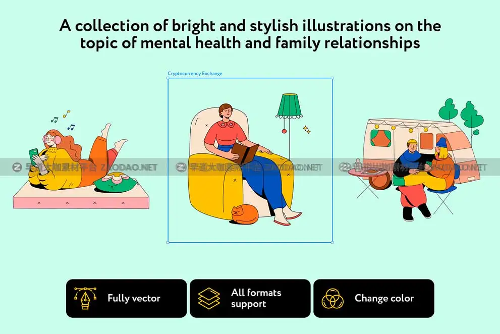 30款卡通创意心里健康家庭生活人物矢量插图插画AI/Figma格式设计素材包 Zalksy Mental Health Illustrations插图1