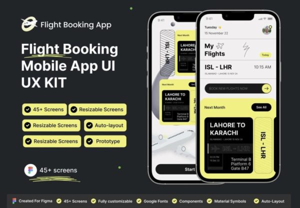 45+屏高级飞机航班机票票务预定APP UI用户界面设计Figma模板套件 Ticket Booking app | Flight Book | Flight Booking App UI Kits