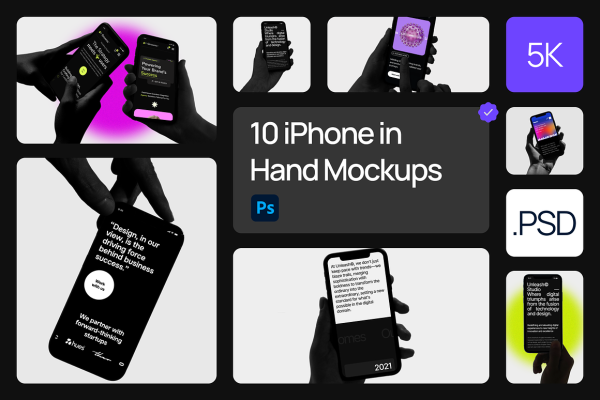 10款高级手持苹果iPhone 14手机屏幕演示效果图PS贴图样机模板 iPhone in Hands Mockup Set