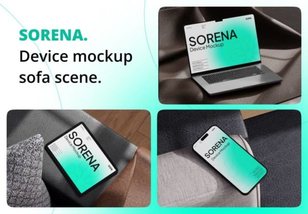 9款沙发场景苹果iPhone手机iPad平板MacBook电脑展示PS贴图样机模板 Sorena – Device Mockup Sofa Scene