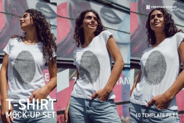 10款时尚女士半袖衫T恤上衣印花图案设计展示效果图PS贴图样机模板合集 T-Shirt Mock-Up Set