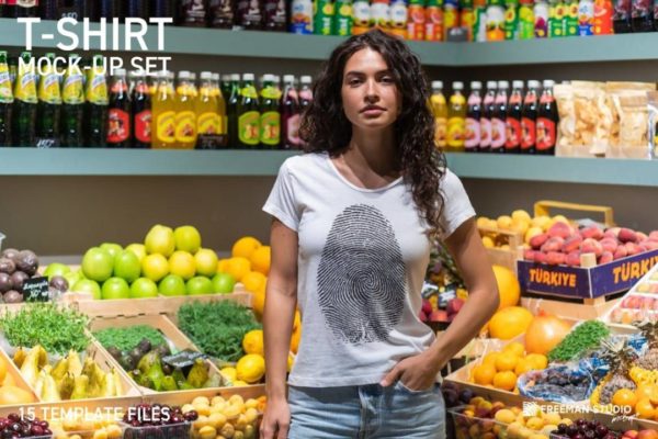 15真实超市场景摄影女士半袖衫T恤印花图案设计展示效果图PSD样机模板 T-Shirt Mock-Up Set