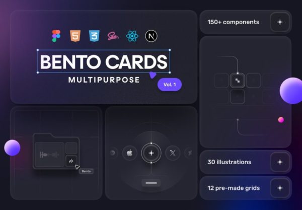 创意高级网站APP界面UI设计按钮卡片插图组件设计Figma素材+源码 Bento Cards: Multipurpose V1.0