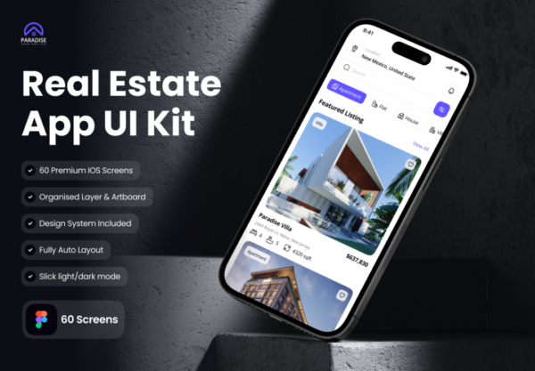 60屏双配色房地产房屋出售出租中介APP应用程序UI界面设计Figma模板套件 Paradise – Real Estate App UI Kit