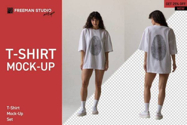 10款逼真女士超大半袖衫T恤印花图案LOGO设计展示效果图PS贴图样机模板 T-Shirt Mock-Up Set