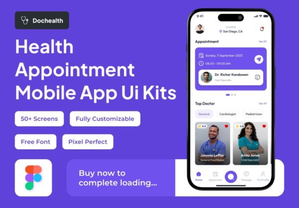 50+屏高级医院健康体验中心在线挂号就诊APP应用程序UI界面设计Figma模板 Dochealth – Health Appointment Premium UI KIts App