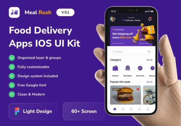 60+屏高品质送餐外卖食品配送APP应用程序UI界面设计Figma模板套件 Meal Rush – Food Delivery Mobile App UI Kits