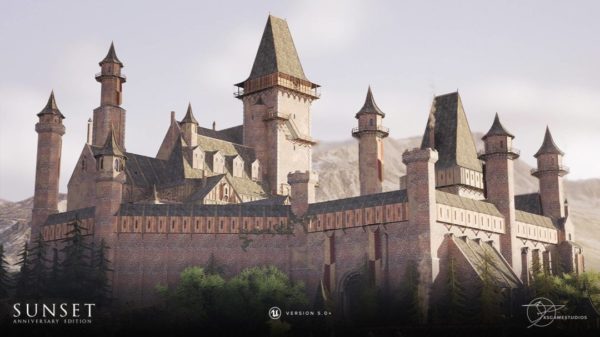 UE素材 日落场景中世纪砖砌城堡建筑教堂房屋3D模型素材 Unreal Engine – Sunset – Modular Medieval Brick Buildings