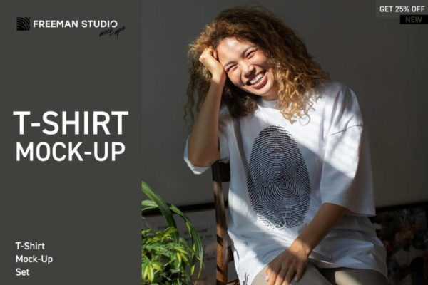19款时尚光影室内拍摄女士半袖衫T恤LOGO印花图案设计效果图PS展示贴图样机模板合集素材 T-Shirt Mock-Up Set