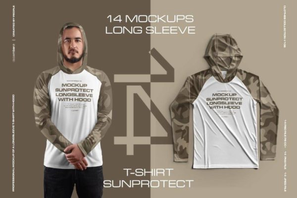 14款逼真男士套头防晒衣T恤印花LOGO设计PS展示效果图样机模板 14 Men’s Mockups Long Sleeve T-Shirt SunProtect