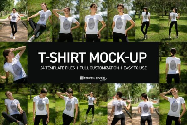 24款户外绿地真实拍摄女士半袖衫T恤印花LOGO图案设计展示效果图PS贴图样机模板 T-Shirt Mock-Up Set