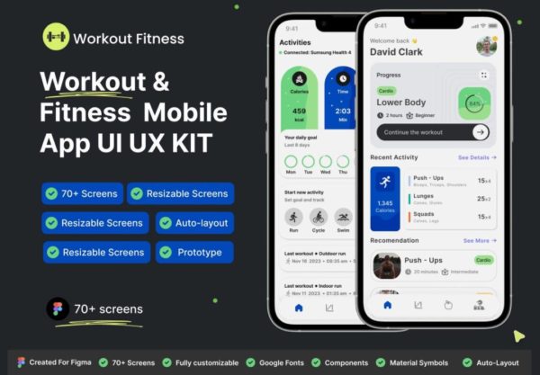 70+屏体能训练健身锻炼数据统计APP应用程序UI界面设计Figma模板套件 Workout mobile app Fitness App Exercise app