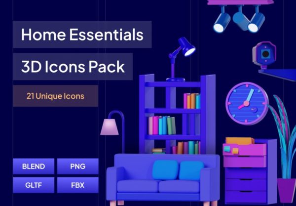 21款高级居家生活家居家具3D立体插图图标Blender/PNG格式设计素材 Home Essentials 3D Icons Pack