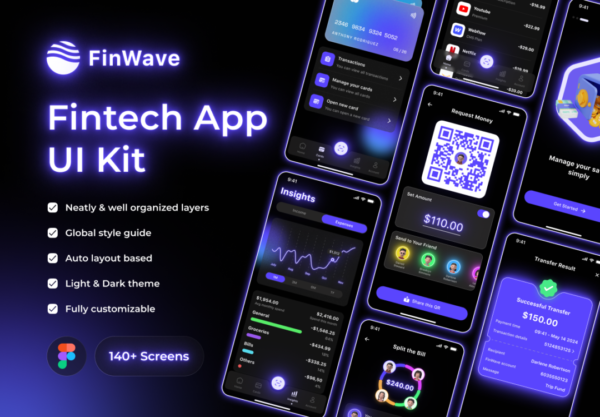 140+屏暗黑风格金融科技银行理财财务管理APP应用程序UI界面设计Figma模板套件 FinWave – Fintech App UI Kit