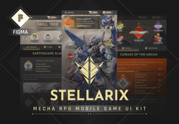 50屏创意机甲主题风格手机游戏APP用户界面UI设计Fimga模板套件 Stellarix Mobile Game UI Kit