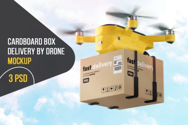 3款无人机配送快递包装纸盒设计效果图PS贴图样机模板素材 Cardboard Box Delivery By Drone Mockup