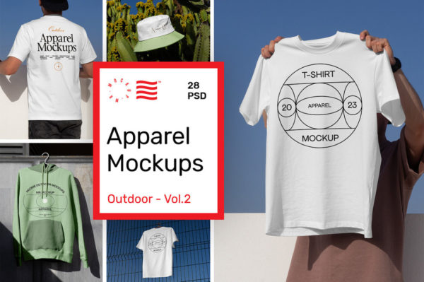 28款高级服装品牌VI设计半袖T恤卫衣帽子吊牌标签展示效果图PS贴图样机模板 Outdoor Apparel Mockups Vol.2